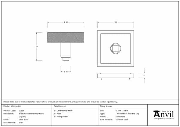 Satin Brass Brompton Centre Door Knob (Square) 3