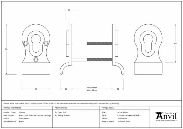Satin Brass 50mm Euro Door Pull (Back to Back fixings) 3