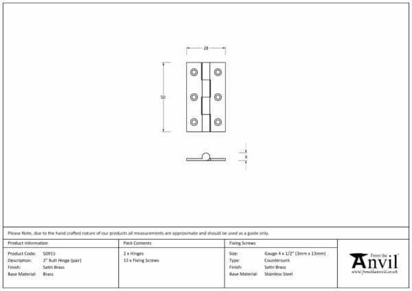 Satin Brass 2" Butt Hinge (pair) 2