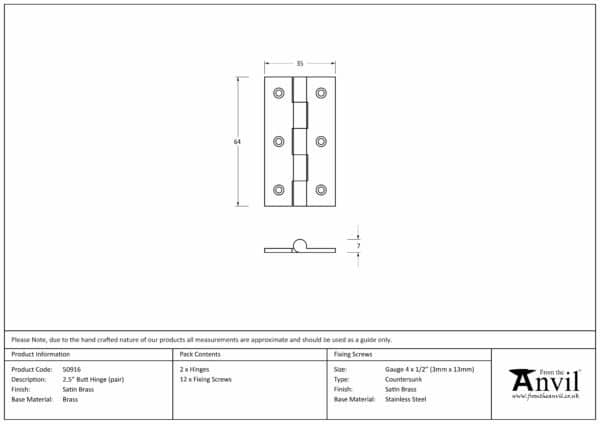 Satin Brass 2.5" Butt Hinge (pair) 2