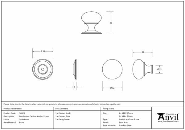 Satin Brass Mushroom Cabinet Knob 32mm 3