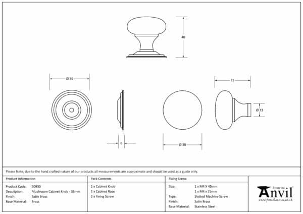 Satin Brass Mushroom Cabinet Knob 38mm 3