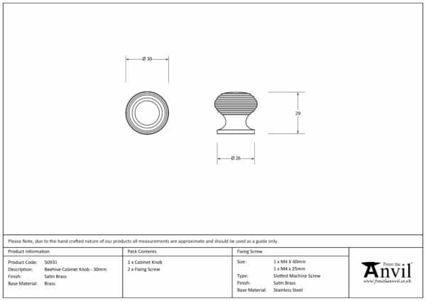 Satin Brass Beehive Cabinet Knob 30mm 3