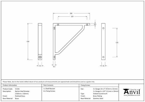 Polished Brass Barton Shelf Bracket (150mm x 150mm) 2