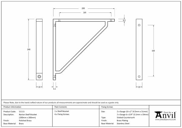 Polished Brass Barton Shelf Bracket (200mm x 200mm) 3