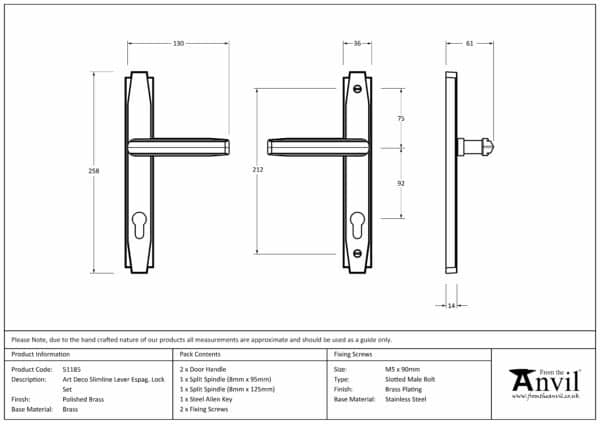 Polished Brass Art Deco Slimline Lever Espag. Lock Set 3